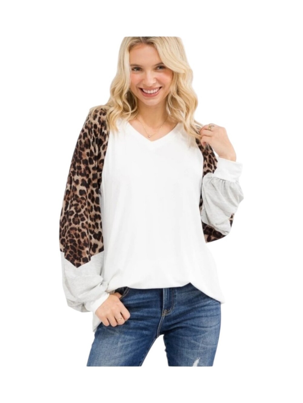 V-Neck Long Sleeve Animal Print Colorblock Top - White